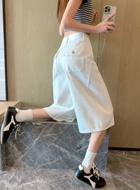 小个子白色过膝牛仔短裤女夏薄款宽松显瘦七分阔腿裤直筒休闲中裤