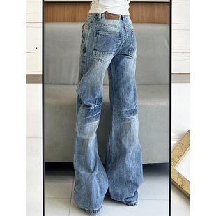 小众设计感水洗折痕微喇牛仔裤女小个子低腰宽松显瘦喇叭阔腿长裤