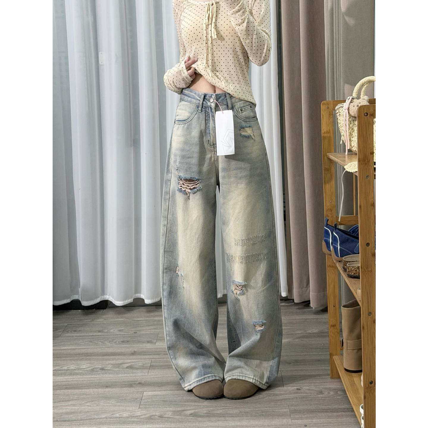 都市风复古破洞高腰牛仔裤女小个子宽松显瘦高腰百搭通勤阔腿长裤