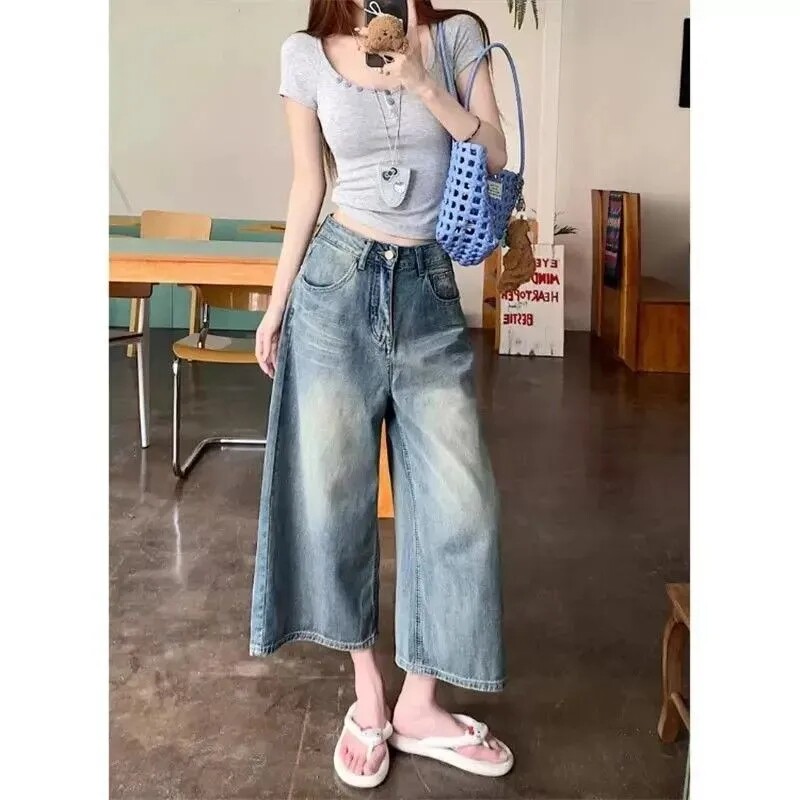 慵懒松弛感bf风过膝牛仔短裤女小个子宽松粗腿显瘦遮肉阔腿七分裤