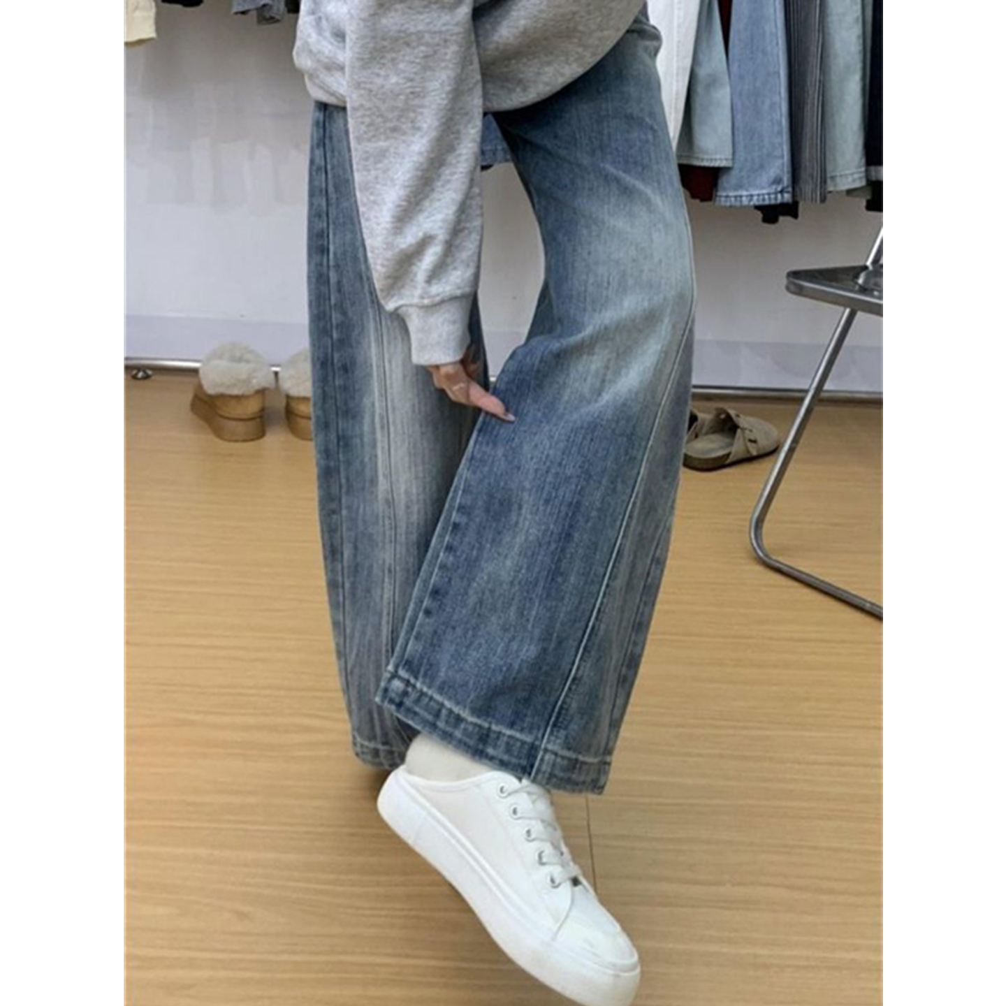 复古水洗做旧高腰阔腿弯刀牛仔裤