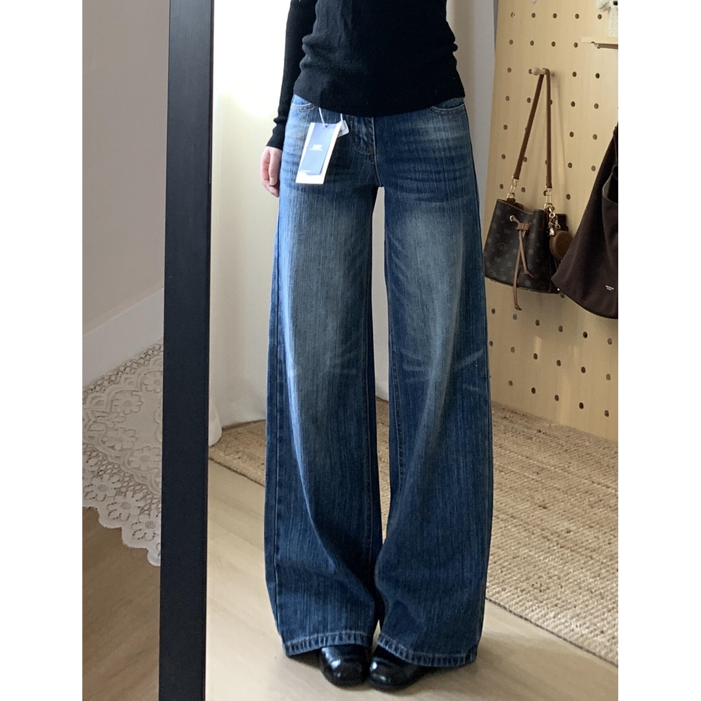 都市通勤风水洗竹节纹直筒牛仔裤女小个子百搭宽松高腰显瘦阔腿裤