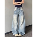 女小个子宽松显瘦直筒阔腿拖地裤 美式 复古水洗蓝色做旧弯刀牛仔裤