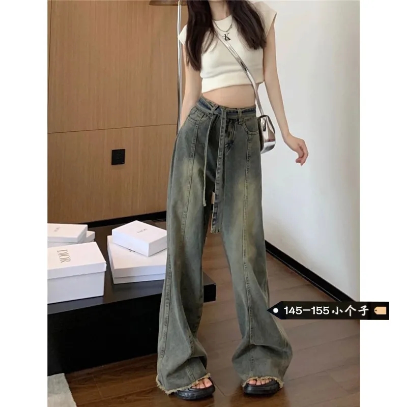 矮小个子美式复古绑带牛仔裤女150XS高腰遮跨显瘦毛边阔腿拖地裤