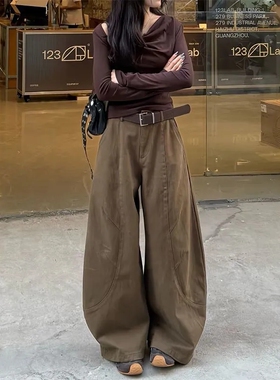 小个子宽松bf慵懒风松弛感弯刀牛仔裤女高腰大阔腿遮肉显瘦休闲裤