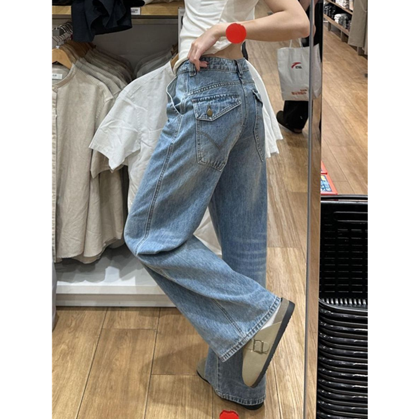 浅蓝色工装风直筒牛仔裤女150小个子宽松百搭显瘦显高阔腿拖地裤,女装/女士精品,牛仔裤,淘宝优惠券,粉丝福利购,淘宝优惠卷