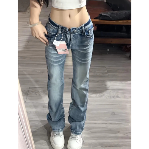 美式辣妹低腰窄版直筒显高牛仔裤