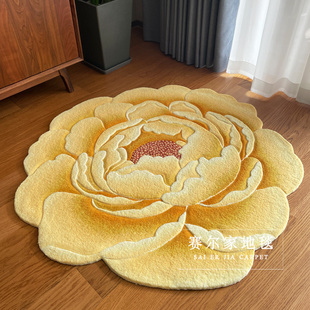 新中式法式卧室圆形型黄牡丹 卧室床边毯门垫走廊地毯不规则地垫