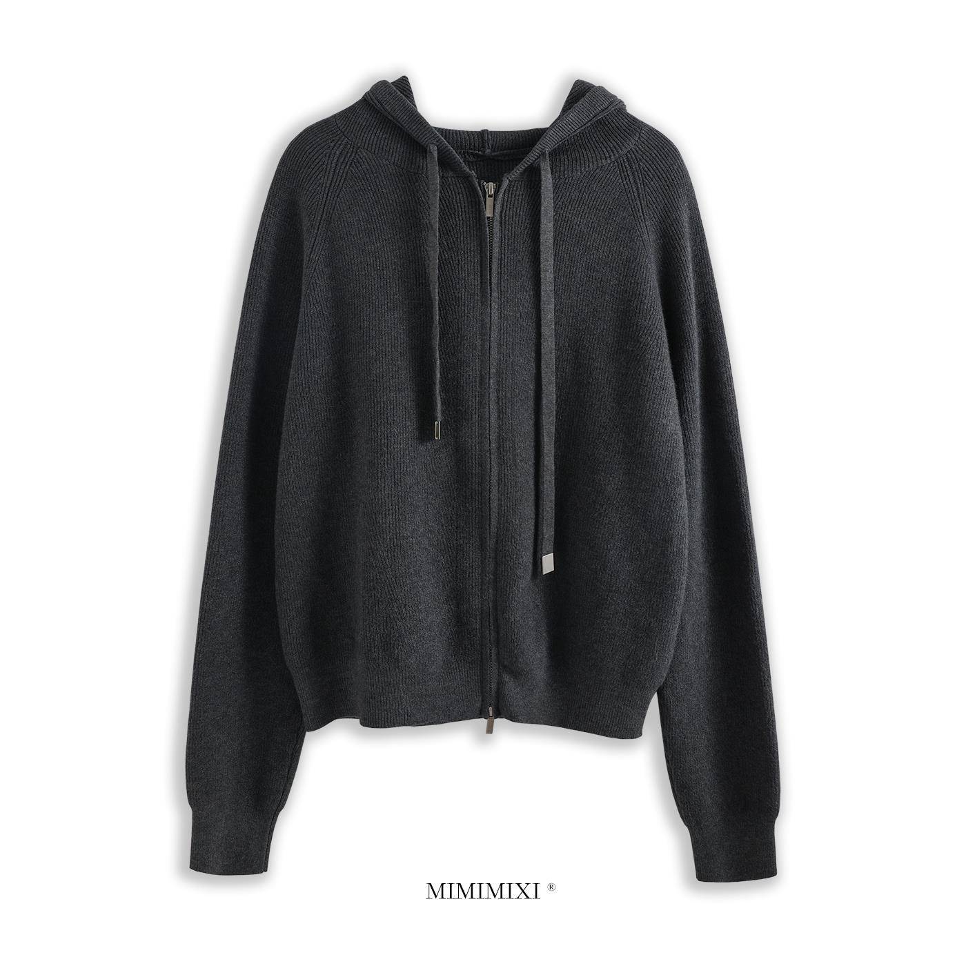 MIMIMIXI 老钱风连帽针织衫女秋冬上衣宽松休闲拉炼开衫毛衣外套