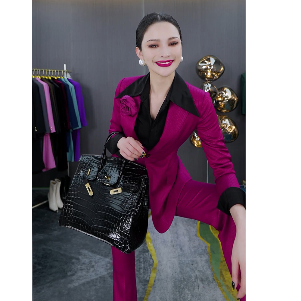 娟姐同款冬季修身气质高定洋气显瘦职业紫红色西装喇叭裤套装0188