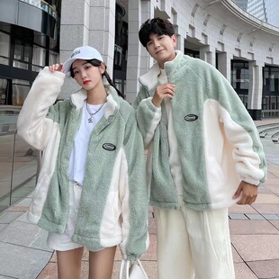 bf原宿风拼色潮牌情侣装加厚羊羔毛卫衣外套女秋冬韩版棒球服上衣