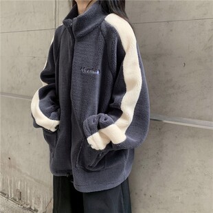 bf原宿风潮牌加厚羊羔毛绒卫衣外套女秋冬季韩版情侣装棒球服上衣