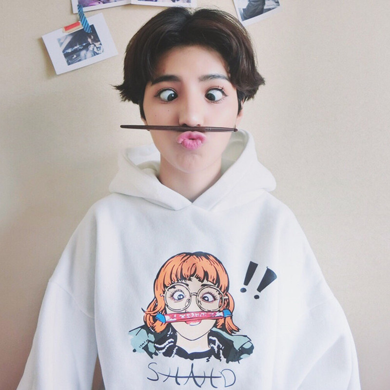 原宿风俏皮女孩潮牌卫衣女秋冬季韩版长袖加绒加厚情侣装连帽外套