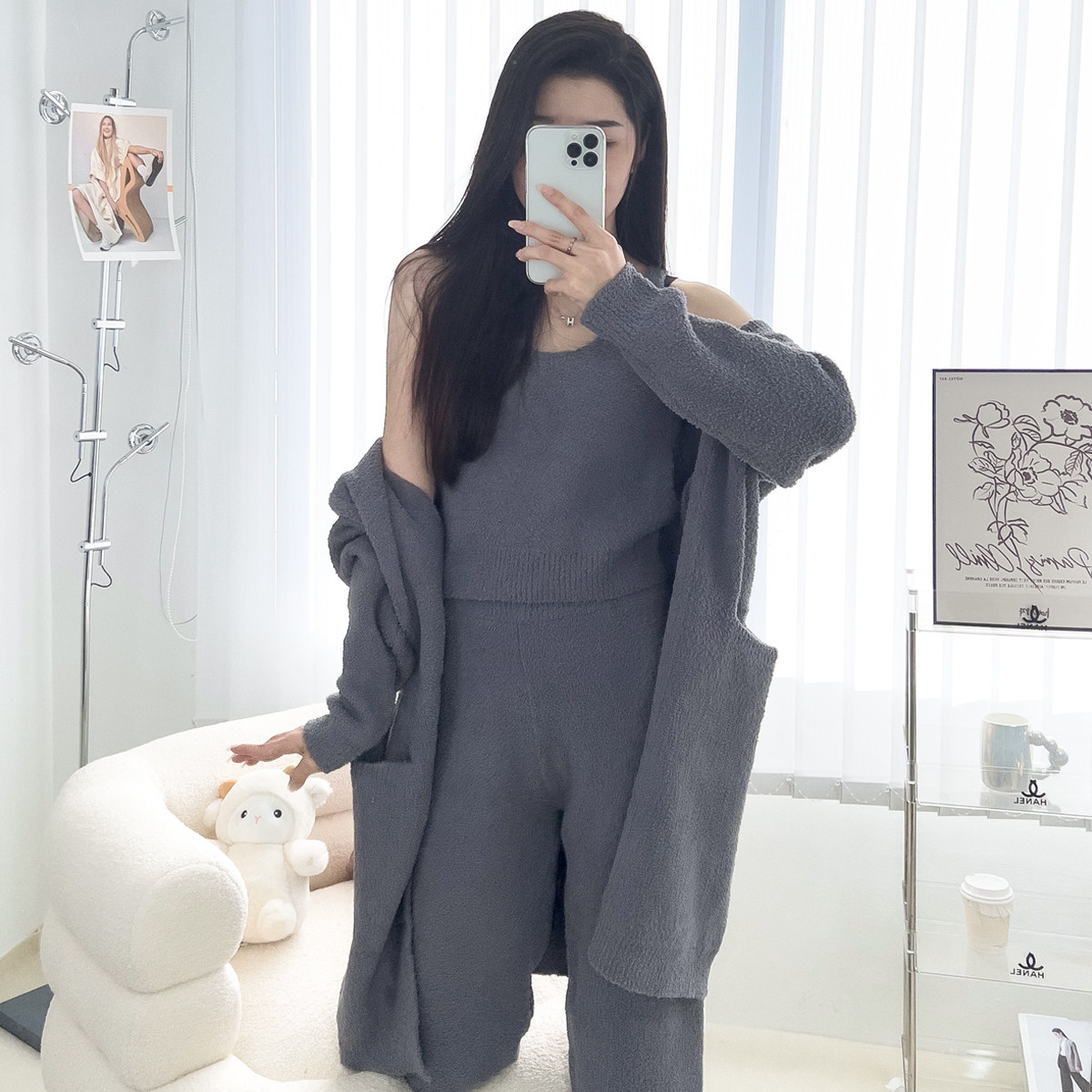 秋冬加厚新款毛线睡衣套装女软绵绵家居服珊瑚绒甜美可外穿三件套