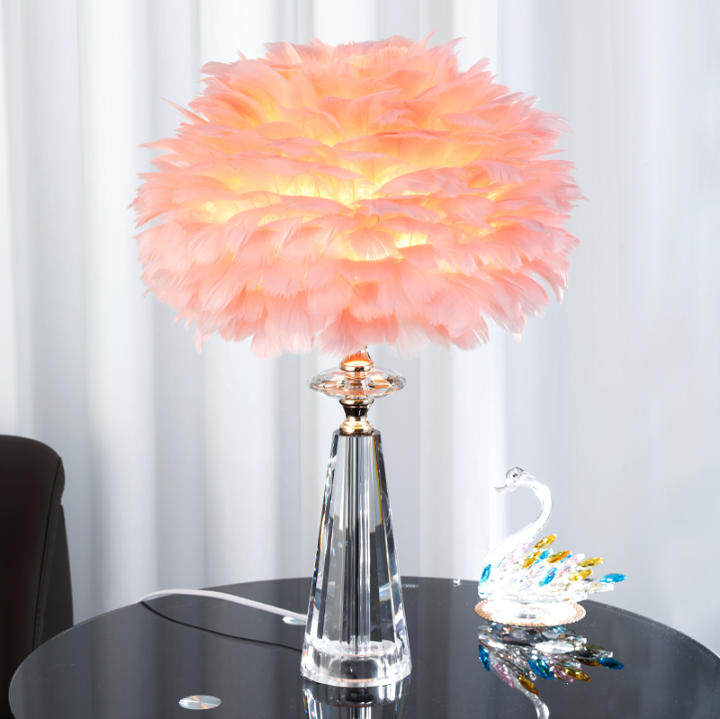 轻奢高级感水晶羽毛台灯简约温馨卧室少女ins婚房装饰创意床头灯