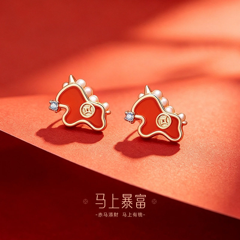 925纯银原创马上暴富红玛瑙耳钉女国潮新中式钱币耳环本命年耳饰