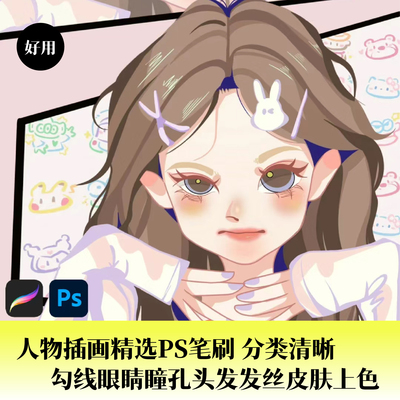 人物插画精选PS笔刷 分类清晰 勾线眼睛瞳孔头发发丝皮肤上色