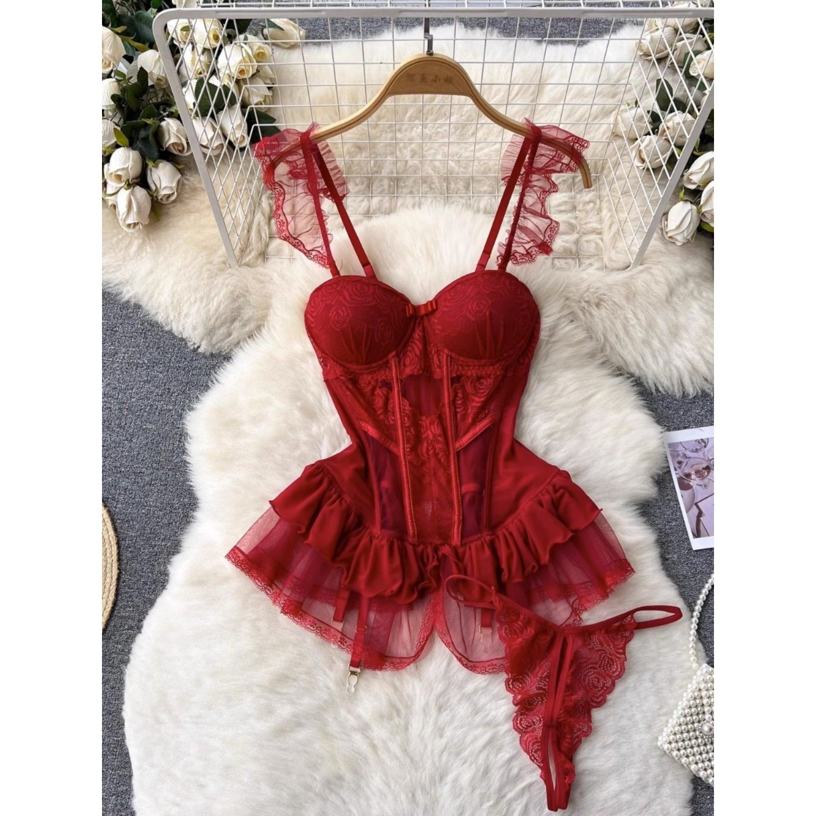 性感覆古风格性感纯粹欲望风格蕾丝网眼褶边腰包胸吊带裙,女士内衣/男士内衣/家居服,肚兜,淘宝优惠券,粉丝福利购,淘宝优惠卷