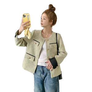 绿色毛呢小香风外套女春秋2025年新款高级感气质名媛短款夹克上衣图片
