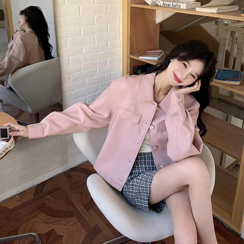 粉色简约翻领小皮衣女2025春季新韩版设计感时尚小个子PU皮外套潮,女装短外套,铱本正襟