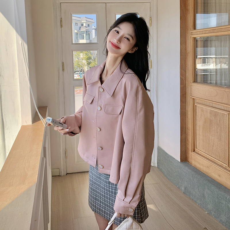 粉色简约翻领小皮衣女2025春季新韩版设计感时尚小个子PU皮外套潮，女装短外套，铱本正襟