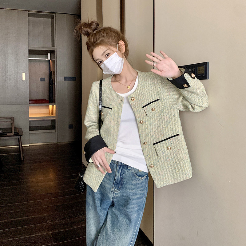 绿色毛呢小香风外套女春秋2025年新款高级感气质名媛短款夹克上衣,女装短外套,铱本正襟