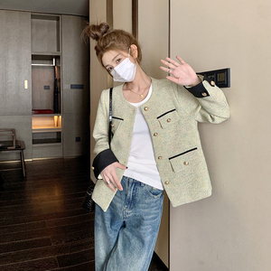 绿色毛呢小香风外套女春秋2025年新款高级感气质名媛短款夹克上衣图片