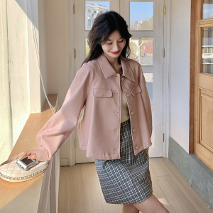 粉色简约翻领小皮衣女2025春季新韩版设计感时尚小个子PU皮外套潮图片