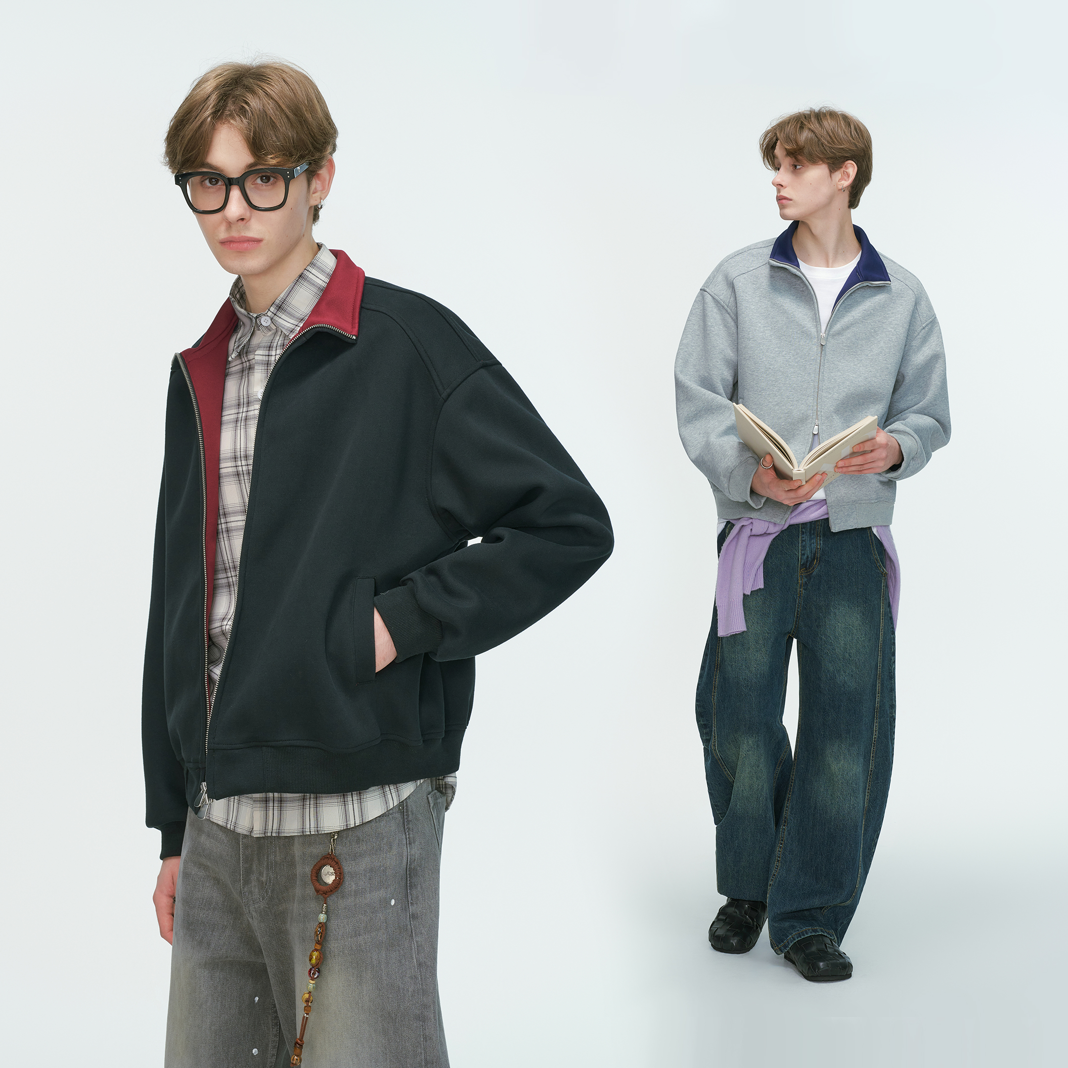 Dream made 美式cleanfit撞色立领短款开衫卫衣男春秋季休闲外套