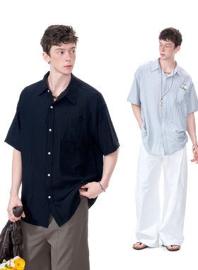 Dream made 美式慵懒风亚麻速干短袖衬衫男夏季休闲男生黑色衬衣