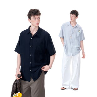 made 男夏季 美式 衬衫 休闲男生黑色衬衣 慵懒风亚麻速干短袖 Dream