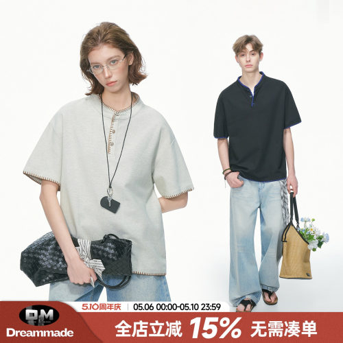Dream made 老钱风手缝线亨利领短袖T恤男女夏季重磅休闲情侣上衣