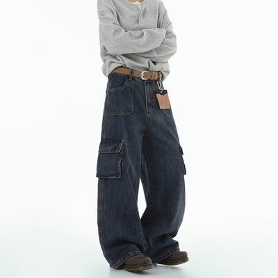 Dream made 美式竹节纹工装牛仔裤男2025新款直筒阔腿春秋季裤子