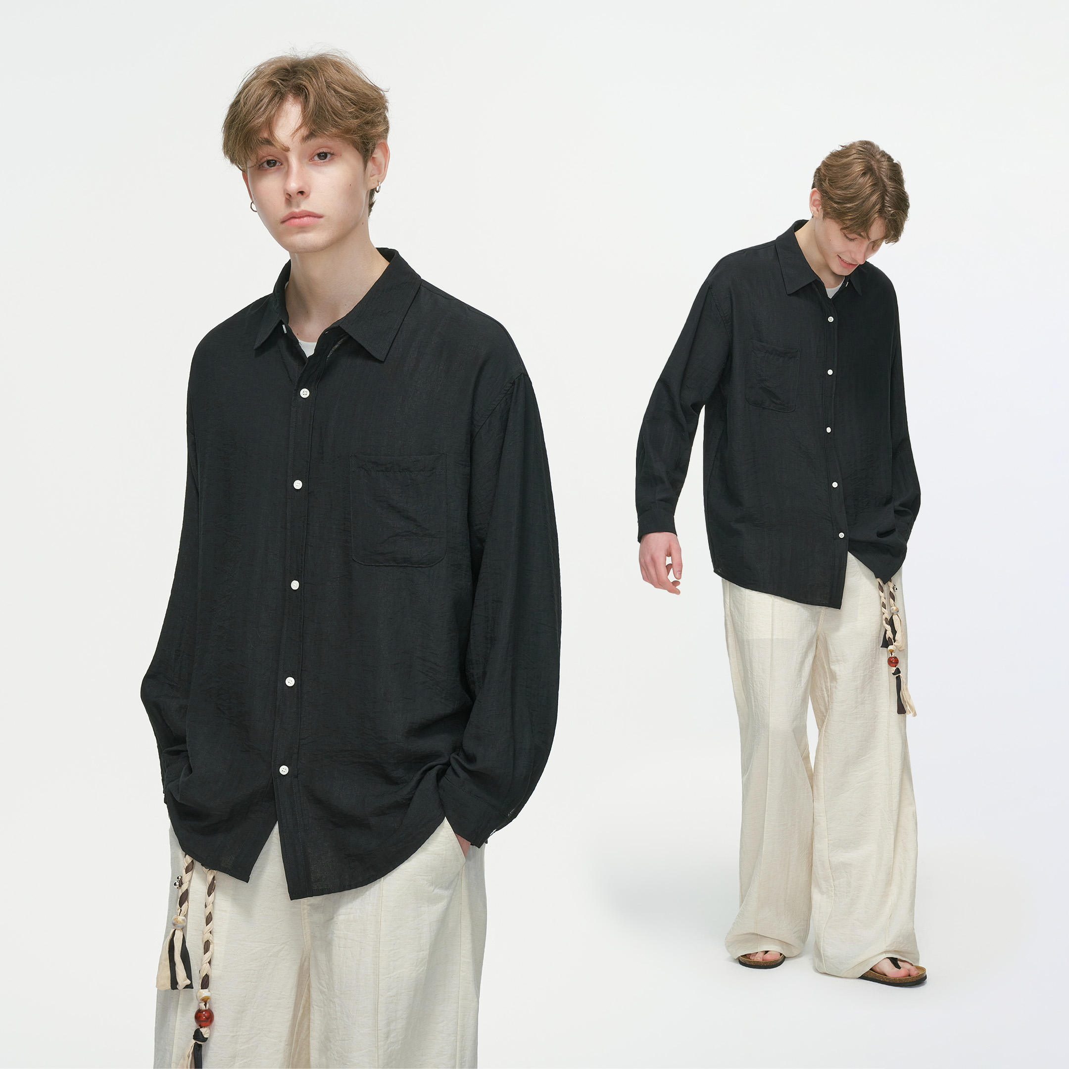 Dream made 美式慵懒风亚麻长袖衬衫男春秋季松弛感休闲百搭衬衣