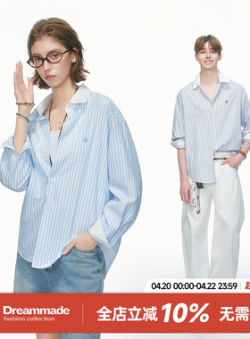 Dream made 蓝色条纹长袖衬衫男女夏季薄款休闲通勤情侣刺绣衬衣