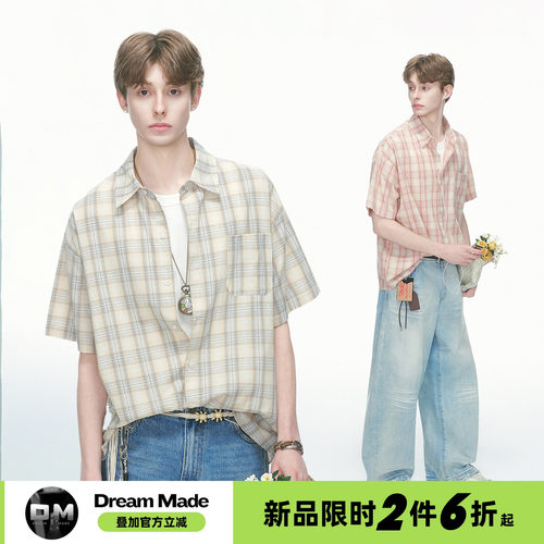 Dream made【5/21 0点新品限时2件6折】美式复古格子短袖衬衫男款