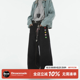 Dream made 花朵刺绣丹宁原牛色复古牛仔裤男春秋季直筒情侣裤子