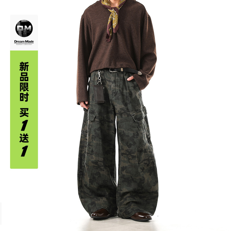 Dream made 美式大口袋弯刀迷彩裤男款秋季宽松直筒工装休闲裤子