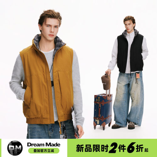 Dream made 美式撞色背心马甲格纹棉服男女冬季加厚防寒保暖棉衣