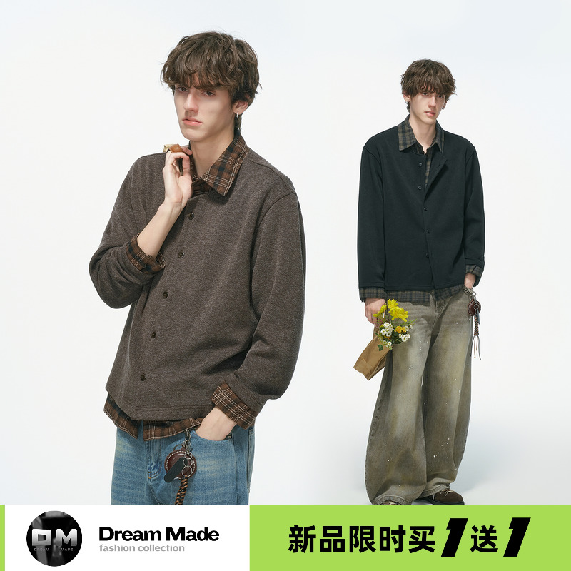 Dream made【11/1  20点限时买一送一】假两件老钱风针织开衫毛衣