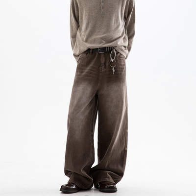 Dream made 美拉德棕色猫须牛仔裤男秋季直筒阔腿裤美式复古裤子