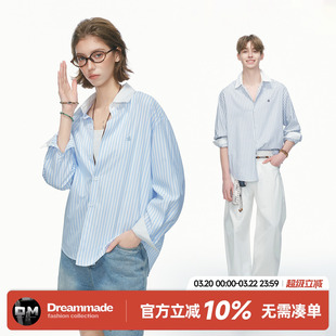 Dream made 蓝色条纹长袖衬衫男女款春秋季休闲通勤情侣刺绣衬衣