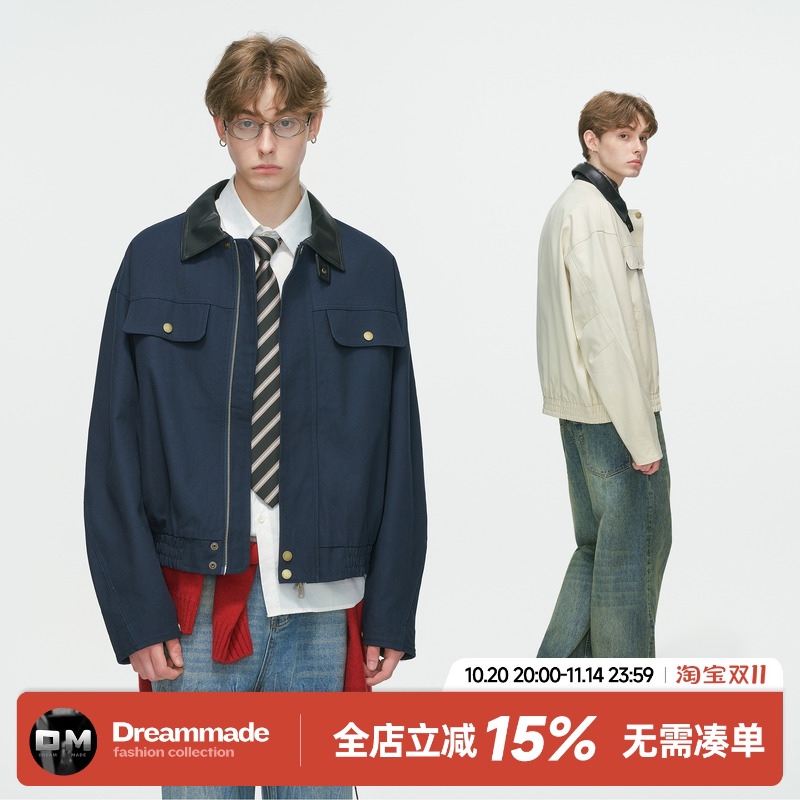 Dream made 美式巴恩风底特律工装外套男春秋季boxy短款皮领夹克