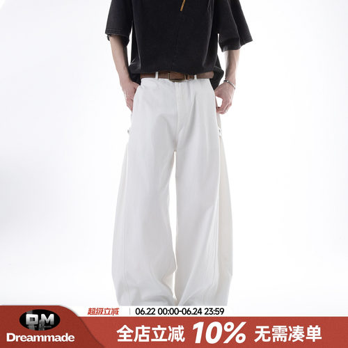 Dream made白色廓形弯刀工装休闲裤男款夏季直筒宽松阔腿运动裤子