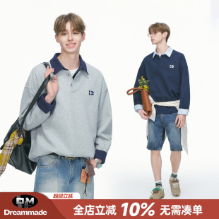 Dream made假两件撞色衬衫领polo衫刺绣卫衣男春季肌理感男生上衣