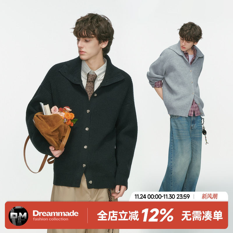 Dream made 慵懒风高领纽扣开衫毛衣男秋季氛围感情侣针织衫外套