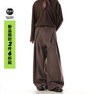 加厚直筒男生裤 Dream 男冬季 老钱风人字纹双褶A字毛呢西裤 子 made