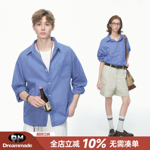 Dream made 美式蓝色格子长袖衬衫男女春季miu系高知穿搭情侣衬衣