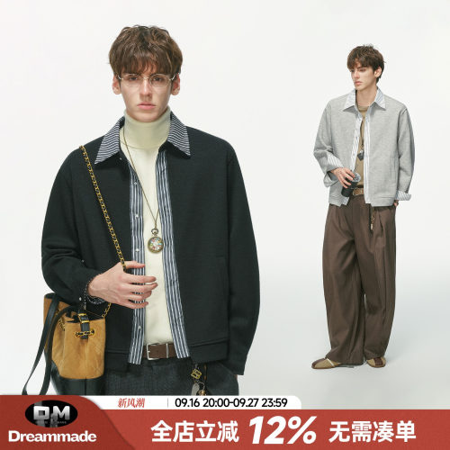 Dream made 高智感假两件条纹开衫夹克男秋季肌理感卫衣男生外套