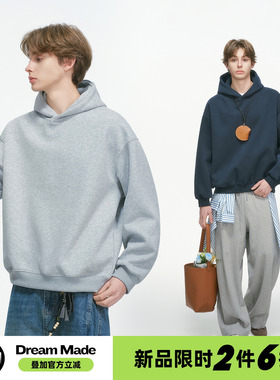 Dream made 美式连帽短宽灰色卫衣男秋冬季加绒加厚重磅男生外套